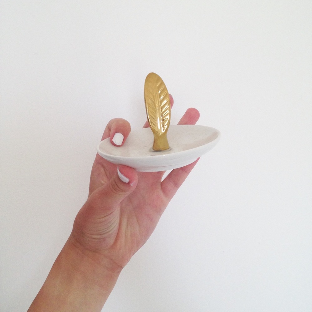 Glass White Tray With A Gold Feather Decor